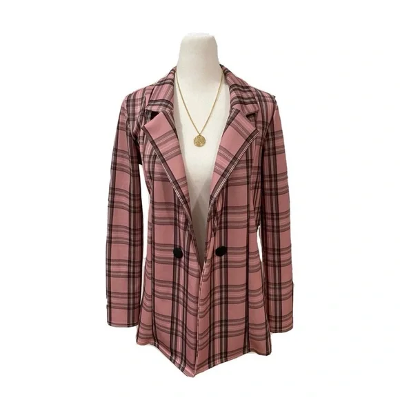 PRETTY LITTLE THING Open Front Blazer Sz 4 Small Pink Plaid Jacket Preppy Slim - Picture 2 of 8